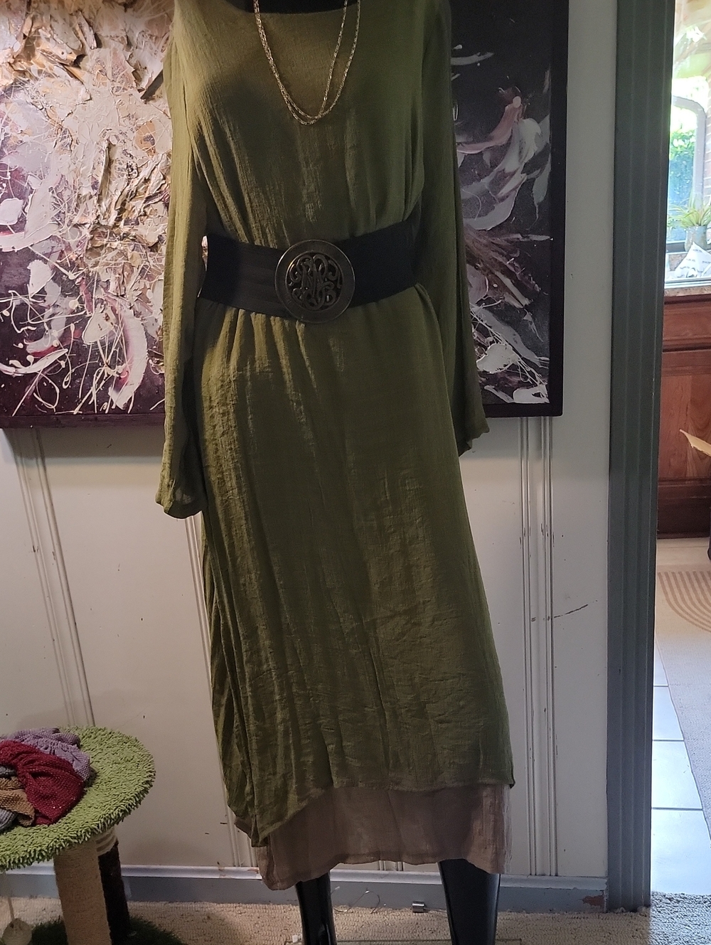 Relaxed Long Sleeve Olive Green Midi Dress with Layered Hem